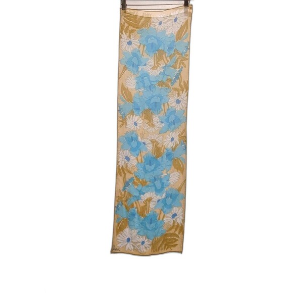 Long Sheer Silk Scarf Vintage Vera 60s Blue Brown Daisy Daffodil Floral - Picture 1 of 5